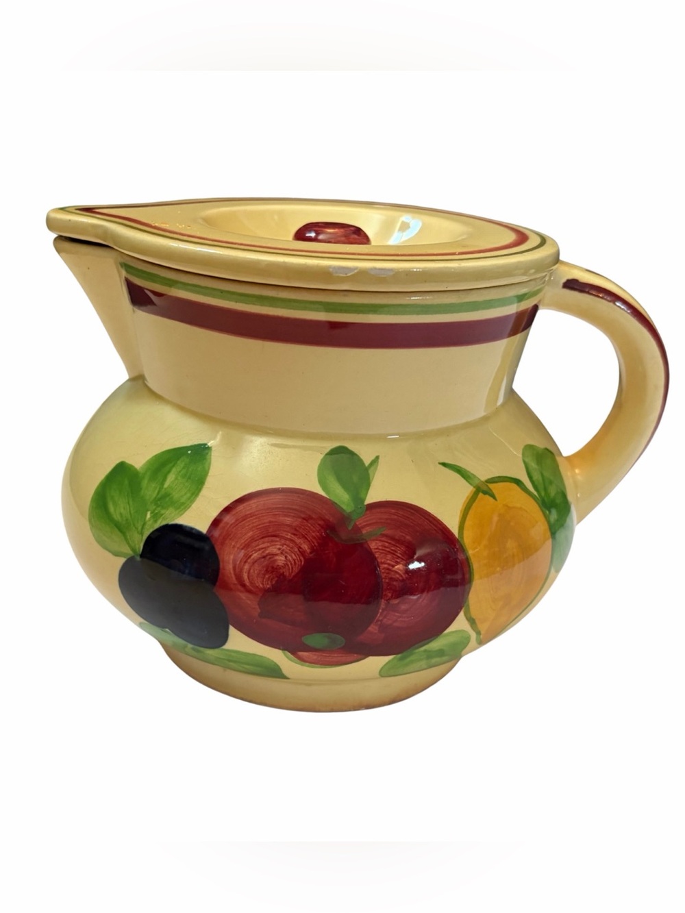Vintage Covered German Persian Ware Hand-Painted Earthenware Fruit Motif Pitcher